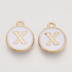 Letter X Golden Plated Enamel Alloy Charms, Enamelled Sequins, Flat Round, White, Letter.X, 14x12x2mm, Hole: 1.5mm, 100pcs/Box