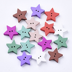 Mixed Color 2-Hole Spray Painted Wooden Buttons, Star, Mixed Color, 18x18.5x4mm, Hole: 1.2mm