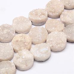 White Electroplated Natural & Dyed Druzy Agate Bead Strands, Grade AB, Flat Round, White, 10x5~8mm, Hole: 1mm, about 20pcs/strand, 8.07 inch