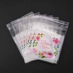 Coloré Sacs auto-adhésifs rectangle opp, avec mot merci et motif de fleurs, pour la cuisson des sacs d'emballage, colorées, 10x7x0.02 cm, 100 pcs /sachet 