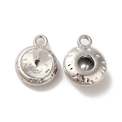 Clear Glass Pendants, Rack Plating Platinum Alloy Findings, Nickel Free, Flat Round Charms, Clear, 15x11.5x6mm, Hole: 2mm