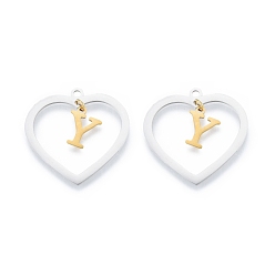 Letter Y 201 Stainless Steel Pendants, Hollow, Heart with Letter A~Z, Real Gold Plated & Stainless Steel Color, Letter.Y, 29x29.5x1mm, Hole: 2mm, A~Z: 12x8~10.5x1mm