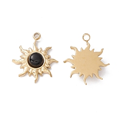 Black Onyx Natural Black Onyx Pendants, with Ion Plating(IP) Real 24K Gold Plated 304 Stainless Steel Findings, Dyed & Heated, Sun Charm, 15~16x12~13x3.5mm, Hole: 1mm