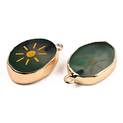 Dark Olive Green Natural Agate Pendants, with Light Gold Plated Brass Edge & Iorn Loops, Gold Powder, Dyed & Heated, Oval with Sun Charm, Dark Olive Green, 23~24x15~16.5x4~6.5mm, Hole: 1.6mm