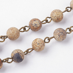 Antique Bronze Natural Picture Jasper Handmade Beaded Chains, Unwelded, with Iron Eye Pin, Antique Bronze, 39.37 inch, 1m/strand