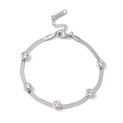 Stainless Steel Color Crystal Rhinestone Beaded Herringbone Chain Bracelet, 304 Stainless Steel Jewelry for Women, Stainless Steel Color, 7-1/4 inch(18.5cm)
