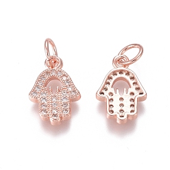 Rose Gold Brass Micro Pave Clear Cubic Zirconia Charms, with Jump Rings, Hamsa Hand/Hand of Fatima /Hand of Miriam, Rose Gold, 13x9x2mm, Jump Ring: 5x0.7mm, Inner Diameter: 3.6mm