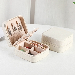 Floral White Sqaure PU Leather Jewelry Box, with Mirror, Travel Portable Jewelry Case, Zipper Storage Boxes, for Necklaces, Rings, Earrings and Pendants, Floral White, 10x10x5cm
