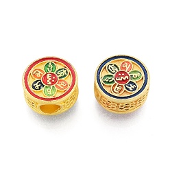 Colorido Perlas de esmalte de la aleación, color dorado mate, redondo plano con flor y zodiaco chino, colorido, 11x6 mm, agujero: 4 mm