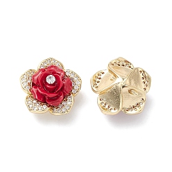 FireBrick Brass Micro Pave Cubic Zirconia Beads, with Grade A Rhinestone & Resin, Lead Free & Cadmium Free, Long-Lasting Plated, Real 18K Gold Plated, Flower, FireBrick, 18x11mm, Hole: 1mm