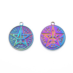 Rainbow Color Ion Plating(IP) 201 Stainless Steel Pendants, Flat Round with Star, Rainbow Color, 28.5x25x2mm, Hole: 2.5mm