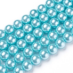 Cyan Brins de perles rondes en verre teinté écologique, Grade a, cordon en coton fileté, cyan, 10mm, Trou: 0.7~1.1mm, Environ 42 pcs/chapelet, 15 pouce