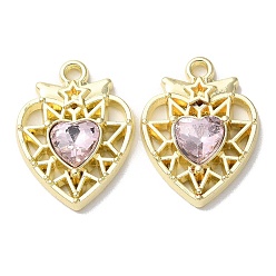 Pink Eco-Friendly Alloy Pendants, with Glass, Heart, Golden, Pink, 20x15x4mm, Hole: 1.6mm