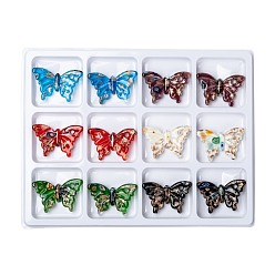 Mixed Color Handmade Gold Sand Lampwork Pendants, Butterfly, Mixed Color, 38x61x11mm, Hole: 4mm, 12pcs/box