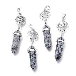 Snowflake Obsidian Natural Snowflake Obsidian Pointed Big Pendants, Double Terminated Pointed, with Platinum Plated Brass Findings, Faceted, Bullet, 59~67x14~15mm, Hole: 7x5mm, Gemstone: 41~44x8mm