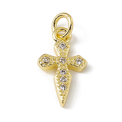 Real 18K Gold Plated Brass Micro Pave Cubic Zirconia Charms, with Jump Rings, Religion Cross Charm, Real 18K Gold Plated, 14.5x8x2mm, Hole: 2.7mm