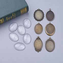 Bronze Antique Création de pendentif bricolage, réglages de cabochons en alliage de style tibétain et de cabochons en verre transparent transparent, bronze antique, 52x33x6mm, Trou: 4mm