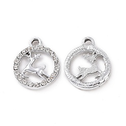 Platinum Alloy Crystal Rhinestone Pendants, Ring with Deer Charms, Platinum, 18x20x2.5mm, Hole: 2mm