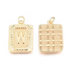 Letter W Brass Pendants, with Jump Rings, Cadmium Free & Nickel Free & Lead Free, Rectangle with Letter, Real 18K Gold Plated, Letter.W, 22.5x16x2mm, Jump Ring: 5x1mm, 3mm inner diameter