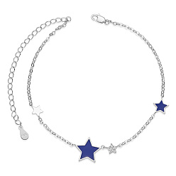 Dark Blue SHEGRACE 925 Sterling Silver Link Anklets, with Grade AAA Cubic Zirconia and Epoxy Resin, Star, Dark Blue, 8-1/4 inch(21cm)