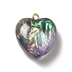Dark Slate Gray Transparent Resin Pendants, Heart Charms, with Gold Foil and Golden Tone Iron Loops, Dark Slate Gray, 23.5~24x22x11~12mm, Hole: 2mm