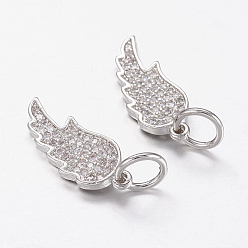 Real Platinum Plated Brass Micro Pave Cubic Zirconia Pendants, Wing, Real Platinum Plated, 20x8x2mm, Hole: 5mm