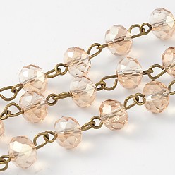 Pale Goldenrod Handmade Electroplate Glass Faceted Rondelle Beads Chains for Necklaces Bracelets Making, with Antique Bronze Plated Brass Eye Pin, Unwelded, Dyed, Pale Goldenrod, 39.4 inch, about 80pcs/strand