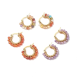 Mixed Color Cubic Zirconia Round Beads Braided Hoop Earrings, Wire Wrap 304 Stainless Steel Jewelry for Women, Golden, Mixed Color, 18.5x21x3mm, Pin: 1x0.7mm
