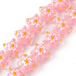 Pink Handmade Lampwork Beads Strands, with Enamel, Star with Sakura Pattern, Pink, 13x13.5x12mm, Hole: 1mm, about 33pcs/strand, 14.72 inch(37.4cm)
