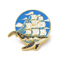 Bleu Dodger Baleine avec broche en émail de navire, Broche en émail en alliage animal océan pour vêtements de sacs à dos, or, Dodger bleu, 30.5x30x9mm