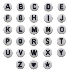 Negro Abalorios de acrílico opacos, blanco, plano y redondo con alfabeto, letra a Z ~, negro, 7 mm