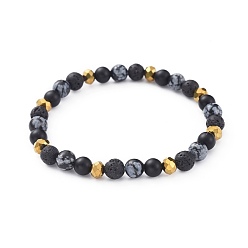 Tiger Eye Stretch Bracelets, with Electroplate Glass Beads, Natural Lava Rock, Natural Black Agate(Dyed) and Natural Snowflake Obsidian Beads, 2-1/8 inch(5.5cm)