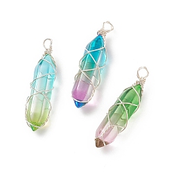 Mixed Color Glass Pendants, Wire Wrapped Pendants, with Brass Findings, Bullet, Silver, Mixed Color, 42x10x10mm, Hole: 2.5mm