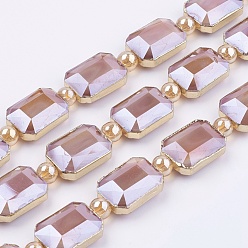 PeachPuff Opaque Glass Beads Strands, with Brass Findings, Pearl Luster Plated, Faceted, Rectangle, Golden, PeachPuff, 13x18x7mm, Hole: 1mm, about 10pcs/strand, 9 inch (23cm)