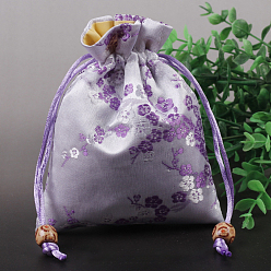 Plum Chinese Style Flower Pattern Satin Jewelry Packing Pouches, Drawstring Gift Bags, Rectangle, Plum, 14x11cm