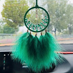 Green Iron Ring Woven Net/Web with Feather Car Hanging Decoration, with Glass Teardrop Charms, for Car Rearview Mirror Decoration, Green, 350mm
