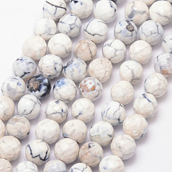 Blanc Brins de perles d'agate craquelée de feu naturel, ronde, facette, teints et chauffée, blanc, 8mm, Trou: 1mm, Environ 47 pcs/chapelet, 15 pouce