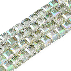 Light Green Electroplate Transparent Glass Beads Strands, Faceted, Cube, Light Green, 7x7x7mm, Hole: 1.4mm, about 100pcs/strand, 26.77 inch(68cm)