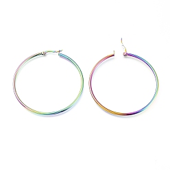 Rainbow Color 201 boucles d'oreilles en acier inoxydable, 304 avec tige en acier inoxydable, boucles d'oreilles hypoallergéniques, Forme de l'anneau, couleur arc en ciel, 25x2mm, Jauge 12, pin: 0.7x1 mm