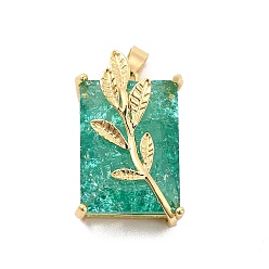 Medium Aquamarine Glass Pendants, with Real 18K Gold Plated Brass Findings, Rectangle with Leaf, Medium Aquamarine, 22x14.5x11mm, Hole: 5x2.5mm