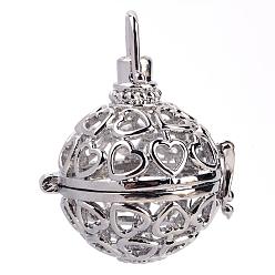 Platinum Rack Plating Brass Cage Pendants, For Chime Ball Pendant Necklaces Making, Hollow Round with Heart, Platinum, 30x29x24mm, Hole: 5x6mm, inner measure: 19mm