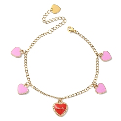 Red Heart with Word Love Alloy Enamel Charm Bracelet, Ion Plating(IP) 304 Stainless Steel Bracelet for Valentine's Day, Red, 7-5/8 inch(19.5cm)