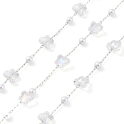 Platinum Handmade Glass Butterfly and ABS Plastic Imitation Pearl Beaded Chains, with 304 Stainless Steel Findings, Soldered, with Spool, Platinum, 4x3.5mm, 6x7.5x4.5mm, about 16.40 Feet(5m)/Roll