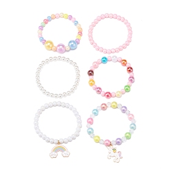 Mixed Color 6Pcs Acrylic Beaded Stretch Bracelets Sets, Kid Bracelets for Girls, with Alloy Enamel Pendants, ABS Plastic Imitation Pearl Beads and Elastic Crystal Thread, Mixed Color, Inner Diameter: 1-3/4 inch(4.5cm)