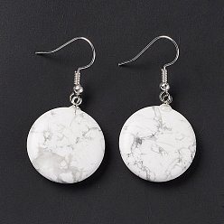Howlite Natural Howlite Flat Round Dangle Earrings, Platinum Brass Jewelry for Women, 42mm, Pin: 0.7mm