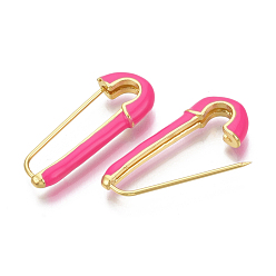 Deep Pink Brass Enamel Safety Pins Earrings, Real 18K Gold Plated, Nickel Free, Deep Pink, 28x12x4mm, Pin: 1mm