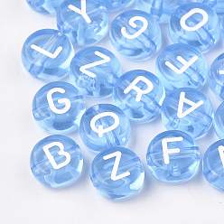 Bleu Bleuet Perles acryliques transparentes, trou horizontal, mélange de lettres, plat rond, bleuet, 7x4mm, Trou: 1.5mm, environ3700 pcs / 500 g