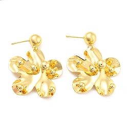 Real 18K Gold Plated Rack Plating Brass Flower Dangle Stud Earrings, Long-Lasting Plated, Lead Free & Cadmium Free, Real 18K Gold Plated, 44x33mm