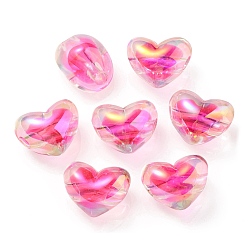 Rosa Oscura Perlas europeas de acrílico transparente chapado en uv de dos tonos, abalorios de grande agujero, corazón, de color rosa oscuro, 14.5x18.5x14 mm, agujero: 4 mm