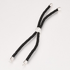 Real Platinum Plated Nylon Cord Bracelet Making, with Brass Findings, Long-Lasting Plated, Slider Bracelets, Flat Round, Black, Real Platinum Plated, 3-7/8 inch~5-1/8 inch(100~130mm), 3mm